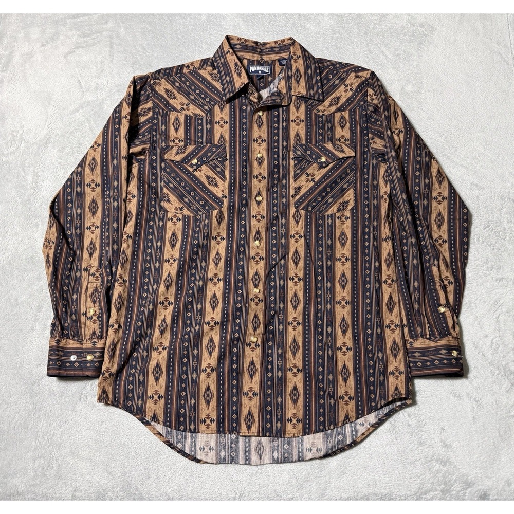 Panhandle Western Snap Shirt Mens Mediun Cotton Southwestern Aztec Brown